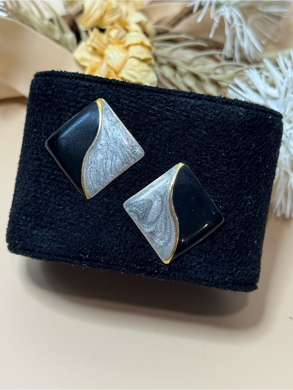 Vintage Black Silver Tone Gold Accent Geometric Square Statement Earrings
